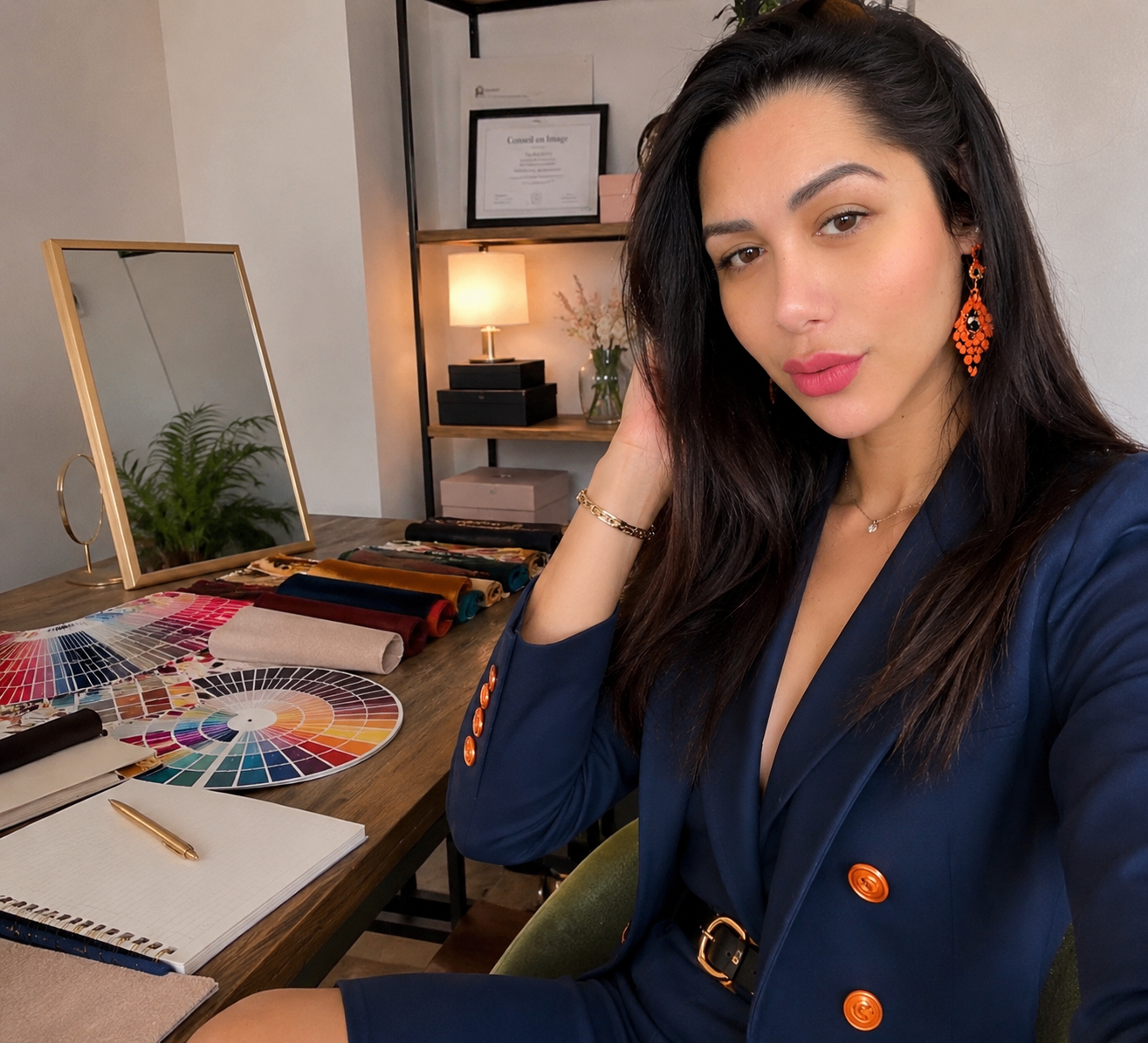 Suzane Sanzeni à son bureau d’analyse, entourée de nuanciers de couleurs