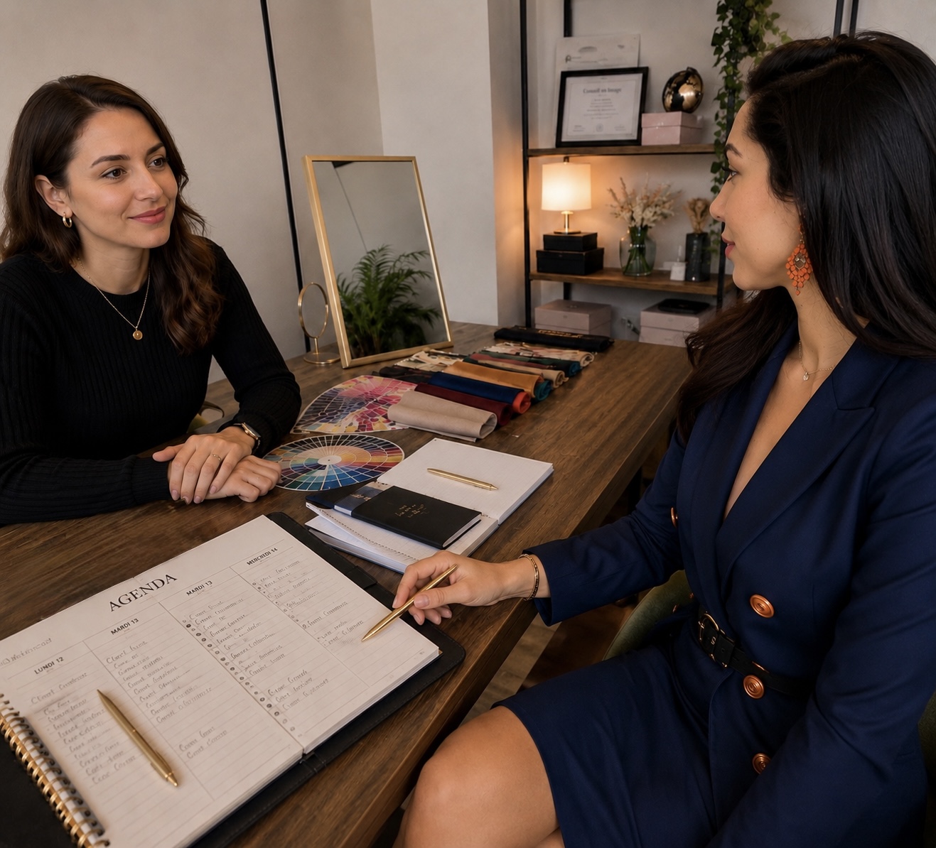 Suzane Sanzeni en entretien de découverte avec une cliente, nuanciers et agenda sur la table