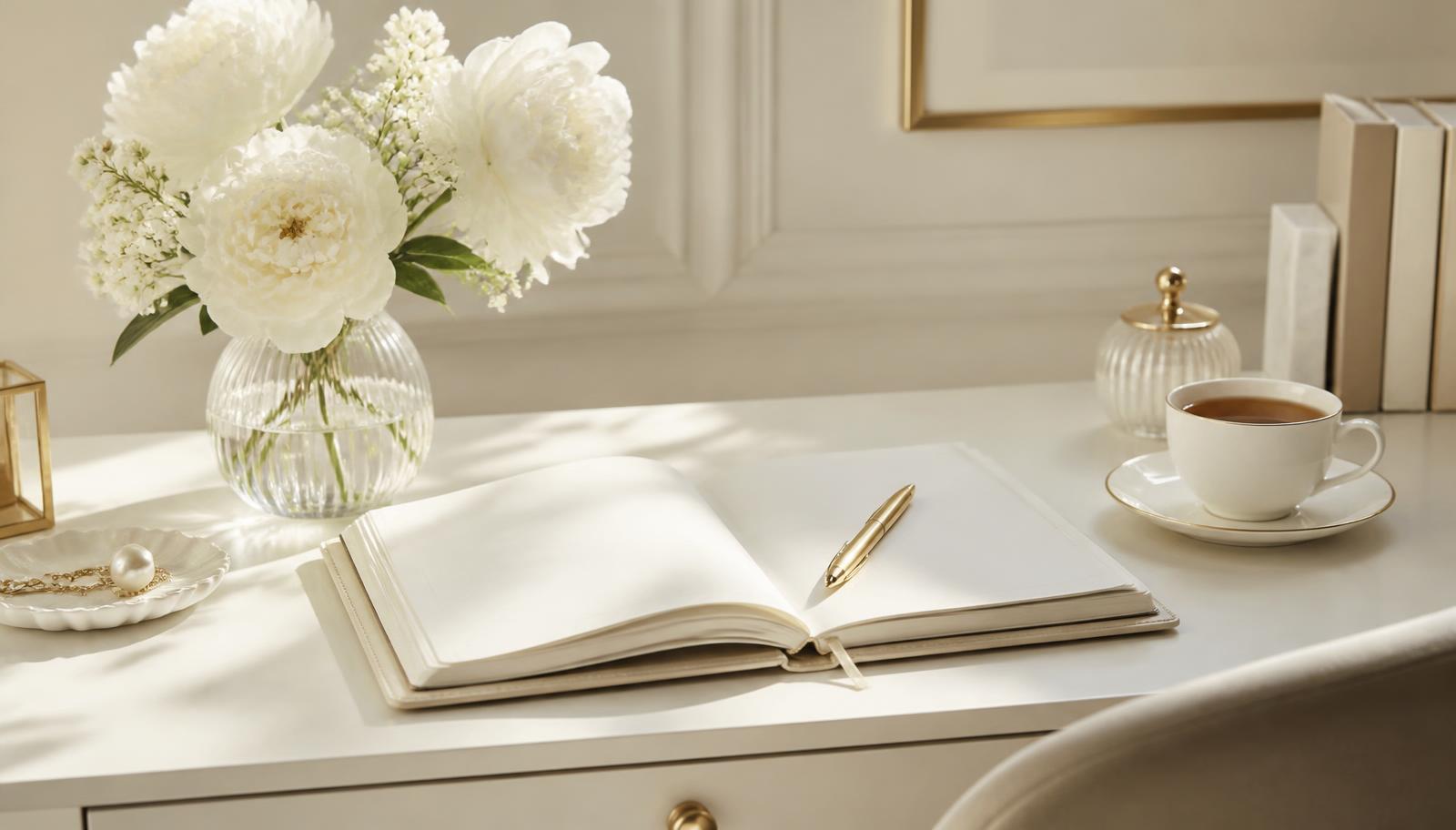 Bureau ivoire avec agenda ouvert, stylo doré et fleurs blanches
